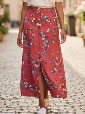 Xhilaration Rust Floral Button-Front Maxi Skirt